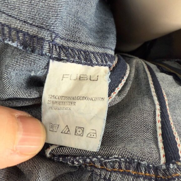 FUBU Denim Corset Waist Puff Off Shoulders Straight leg Stretch Jumpsuit sz XL L - Picture 8 of 11